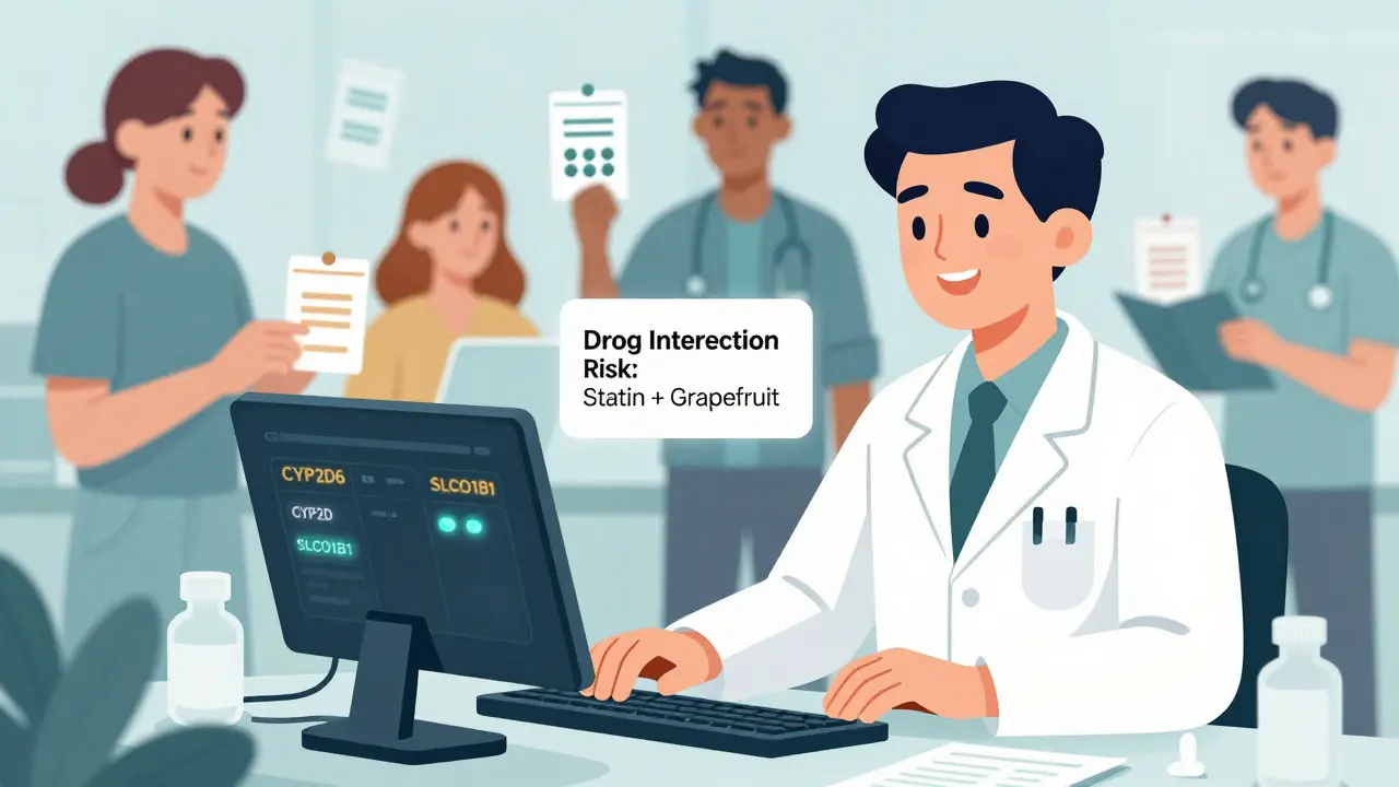 Pharmacist reviewing AI-generated genetic drug interaction alerts on a digital dashboard.