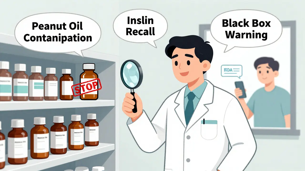 Pharmacist reviewing medicine recalls with alert bubbles, pulling a contaminated bottle while a patient is safe outside.