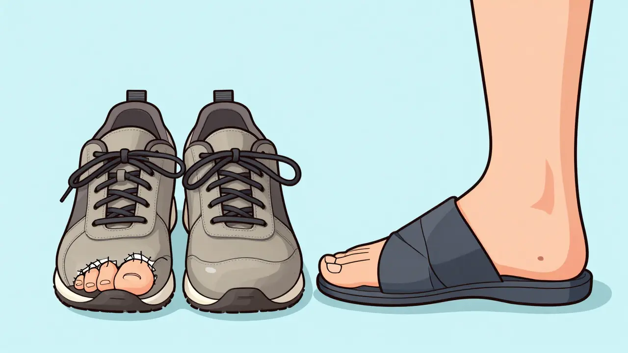 Side-by-side comparison of an ill-fitting shoe and a properly fitted therapeutic shoe for diabetic foot care.