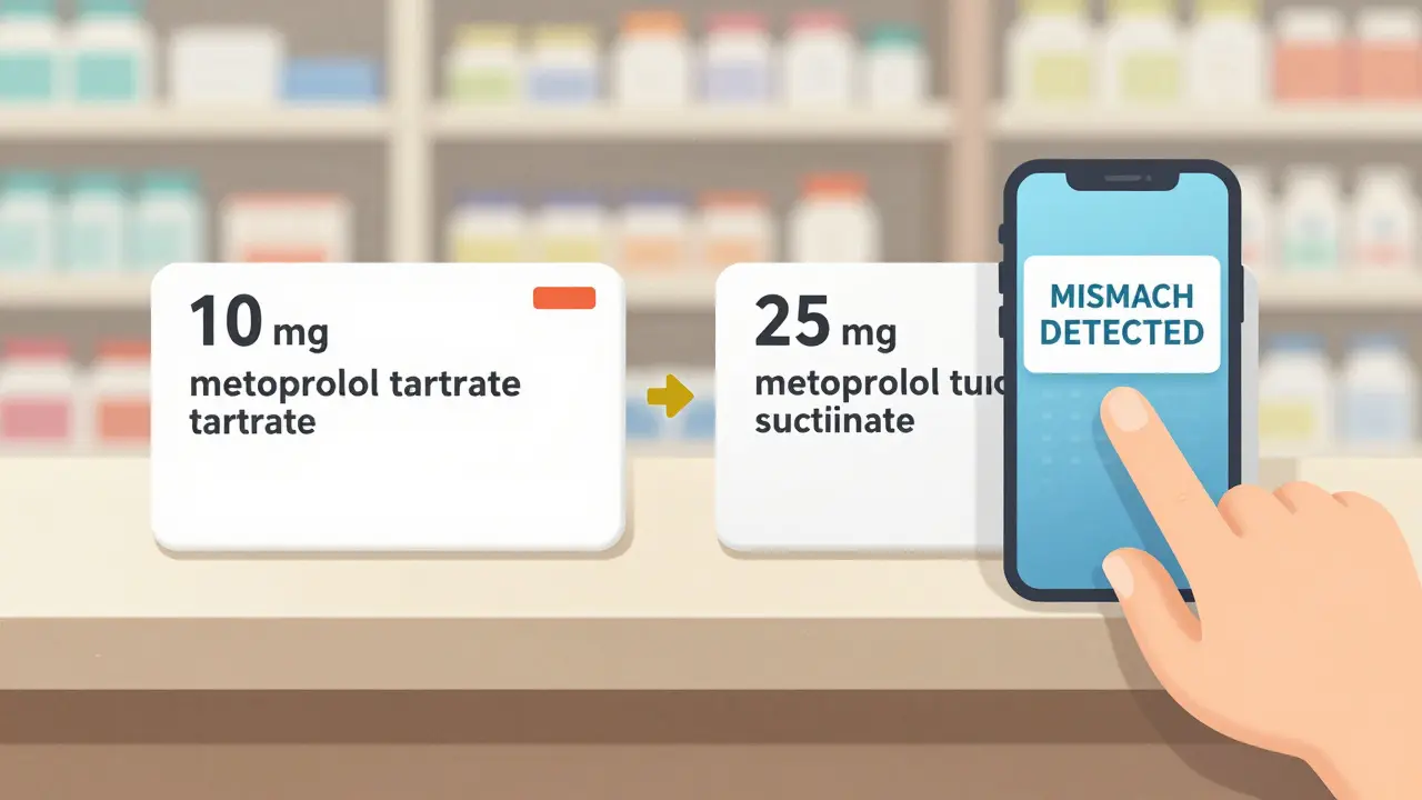 Side-by-side comparison of old and new prescription labels with smartphone scanning for errors.