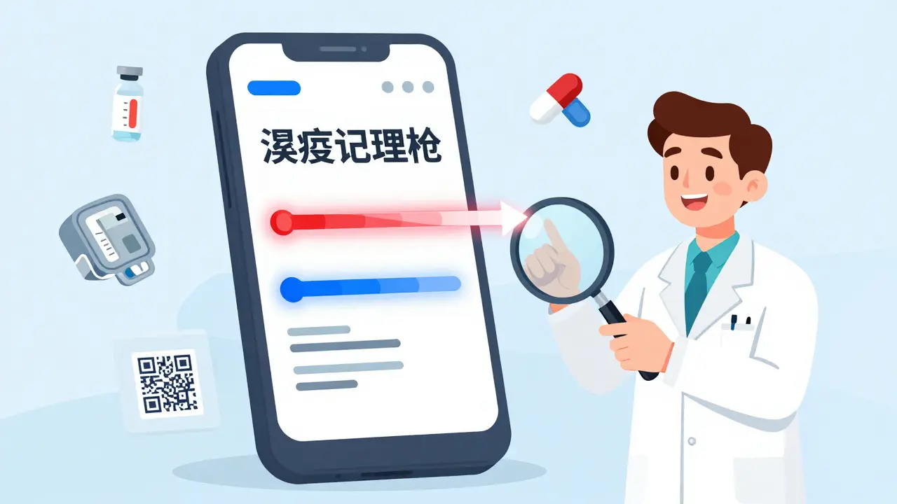 Smartphone scanning a prescription label with AR overlay showing expiration and refill timelines, guided by a pharmacist.