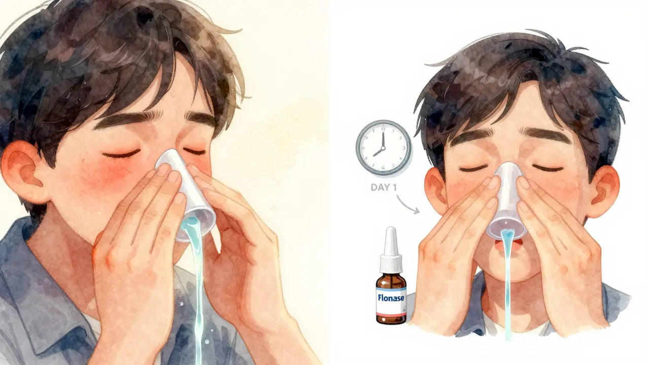 Someone using a neti pot with saline solution, showing clear vs. congested nasal passages side by side.