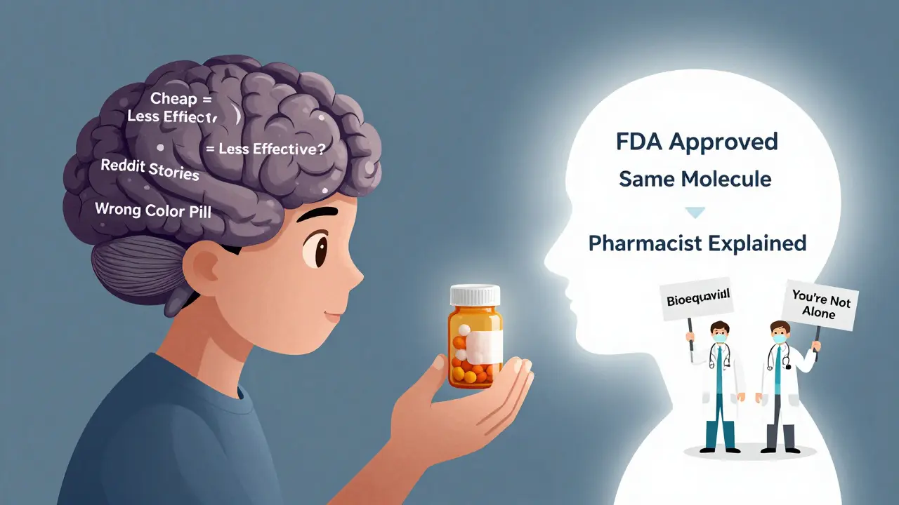 Split brain illustration showing fear vs. facts about generic medications.