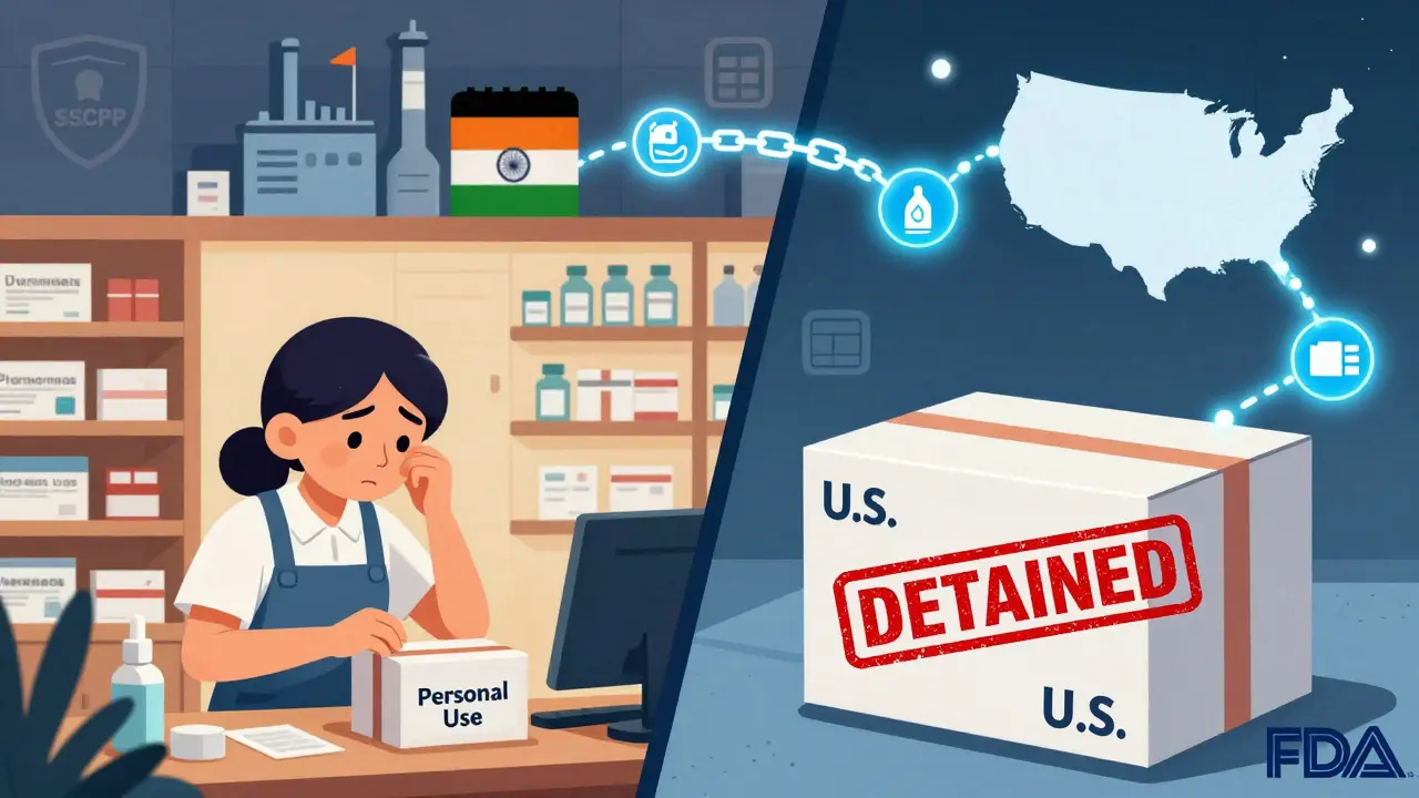 Split scene: a small pharmacy owner packing medicine vs. the same box detained at U.S. port with red stamp.