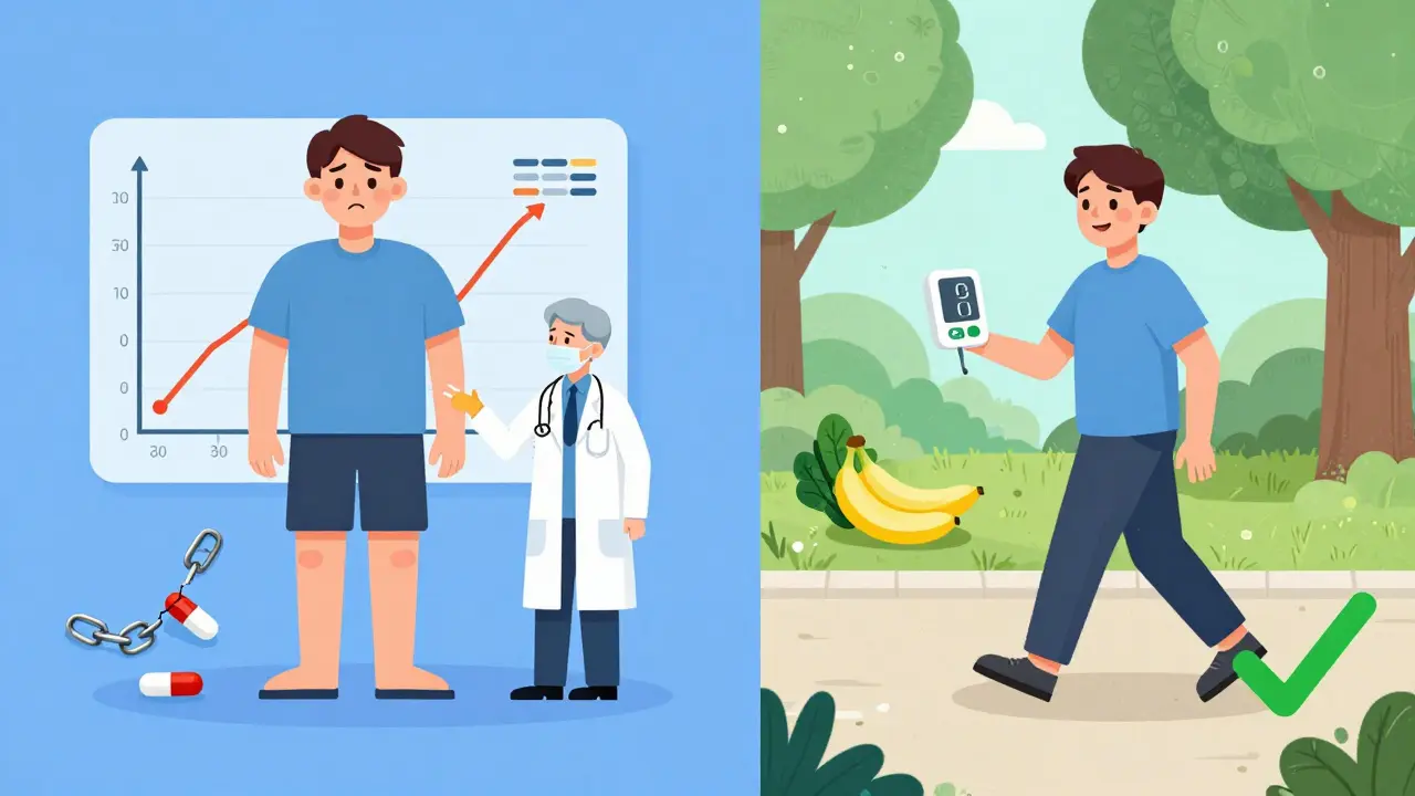 Split scene: person with high blood pressure on left, healthy and active on right after switching meds and lifestyle.