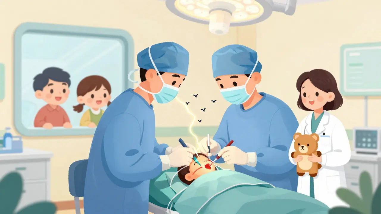 Surgeon removing tonsils and adenoids in child-friendly operating room with parents watching