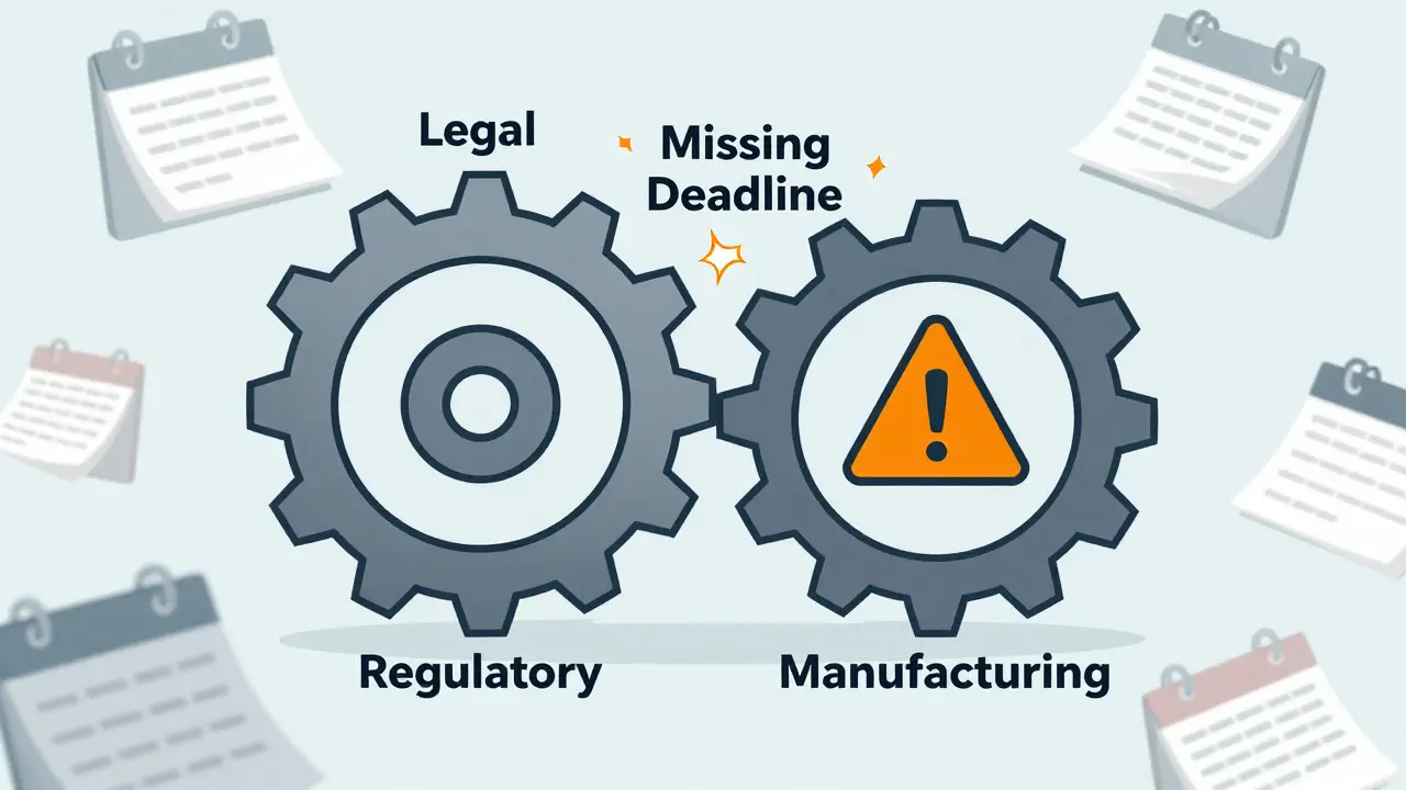Three interlocking gears labeled Legal, Regulatory, Manufacturing with one broken gear causing delays.