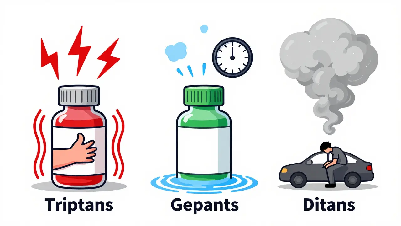 Three migraine medication bottles emit different side effect symbols: lightning, ripples, and fog.