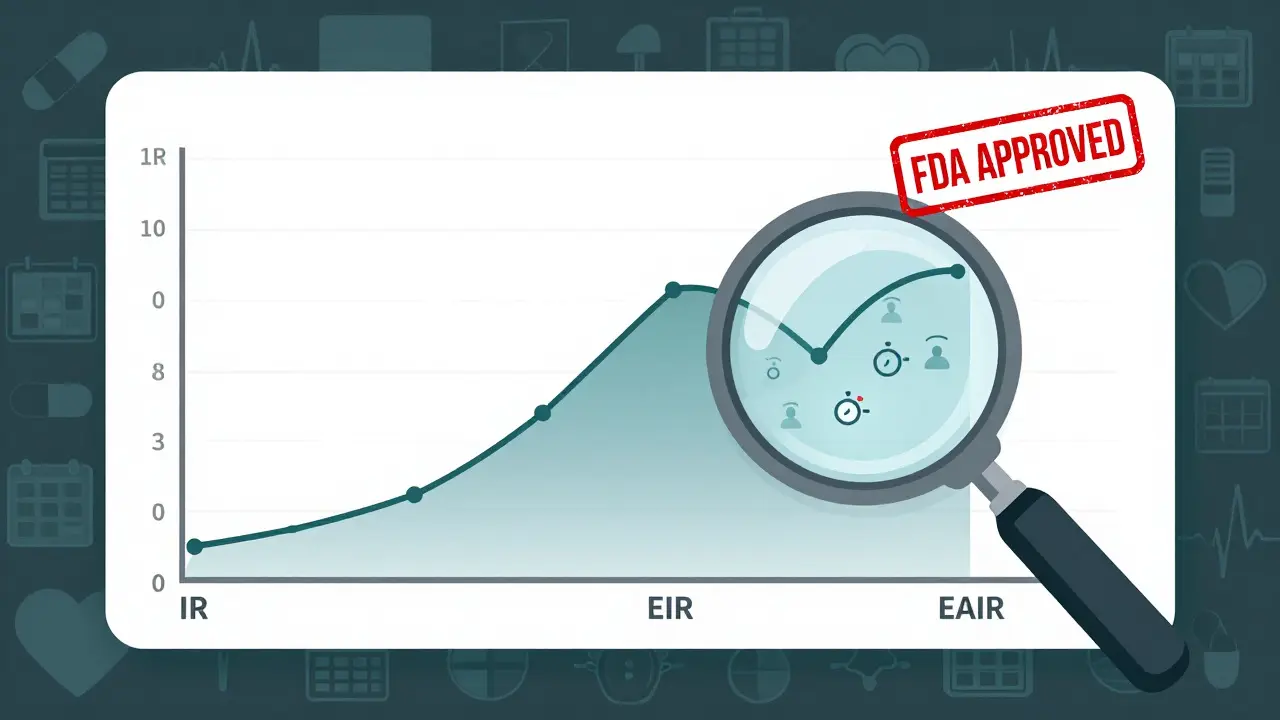 Three risk graphs on a medical dashboard, with EAIR shown as the most accurate, under FDA approval.