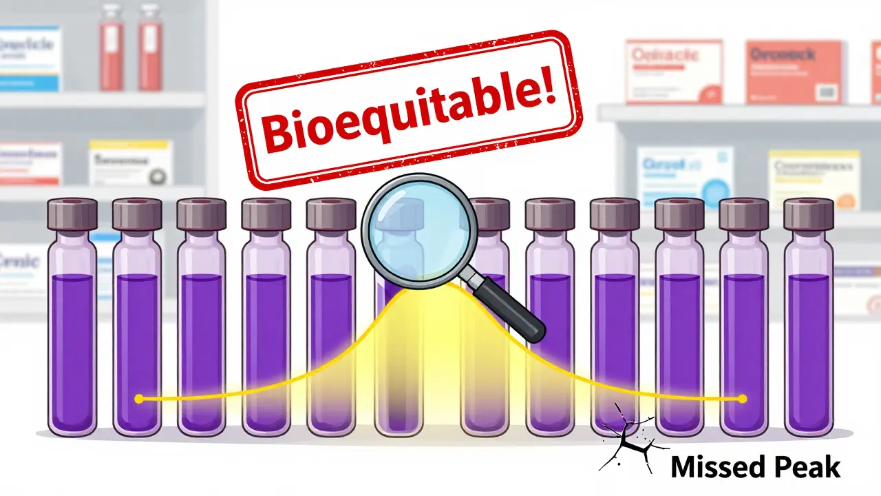 Twelve blood vials in a timeline showing drug concentration peaks, with a glowing area below representing total exposure and one failed sample cracked at the bottom.