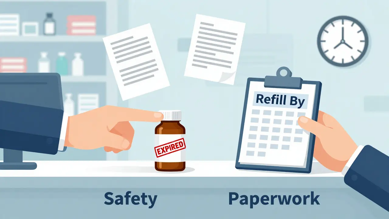 Two hands at a pharmacy counter, one avoiding expired medicine, the other holding paperwork for refill limits.