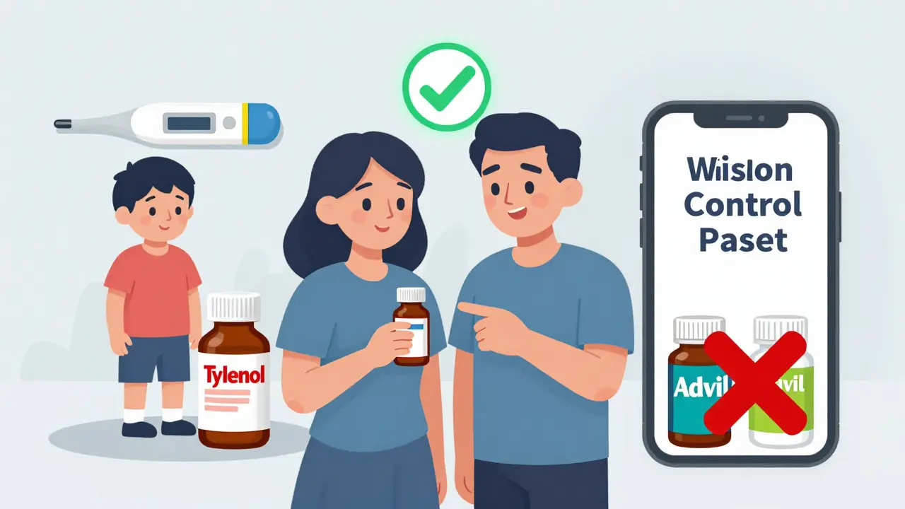 Two people double-checking a medicine label together, with Tylenol and Advil bottles crossed out and Poison Control number visible.