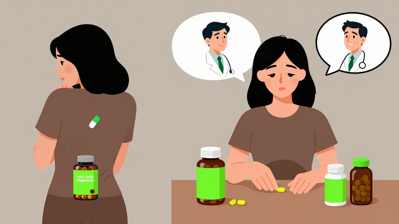 Woman nervously hiding supplements, then confidently sharing them with her OB/GYN.