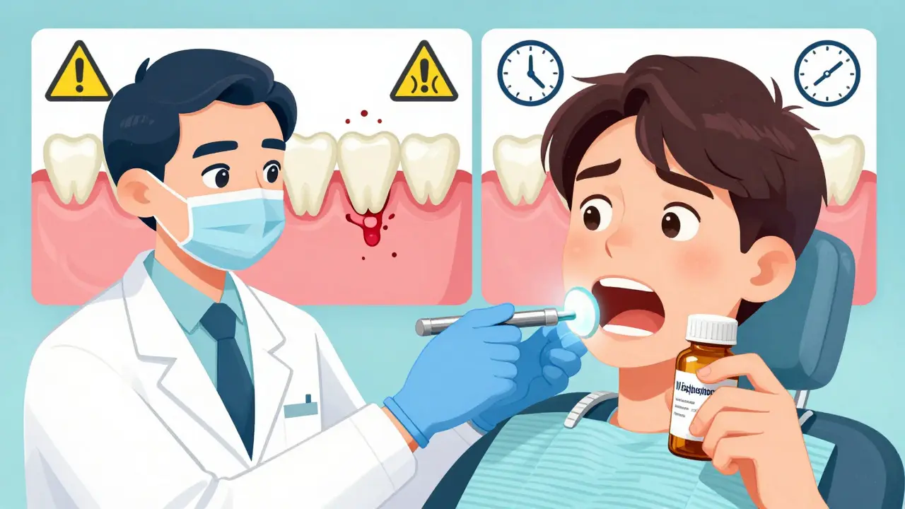 Dentist examining jaw with exposed bone, patient holding IV bisphosphonate prescription.