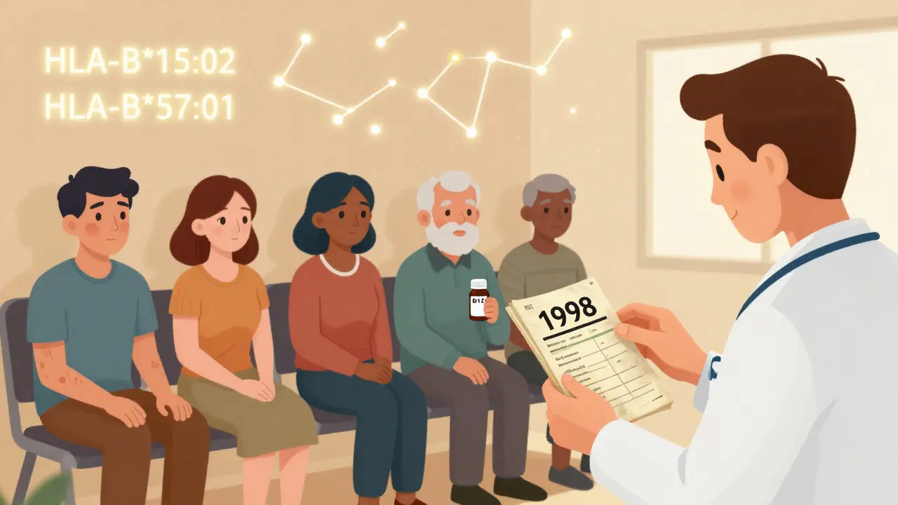 Diverse patients in a waiting room with subtle reaction symptoms, a doctor ignoring outdated drug manual while genetic codes glow above.