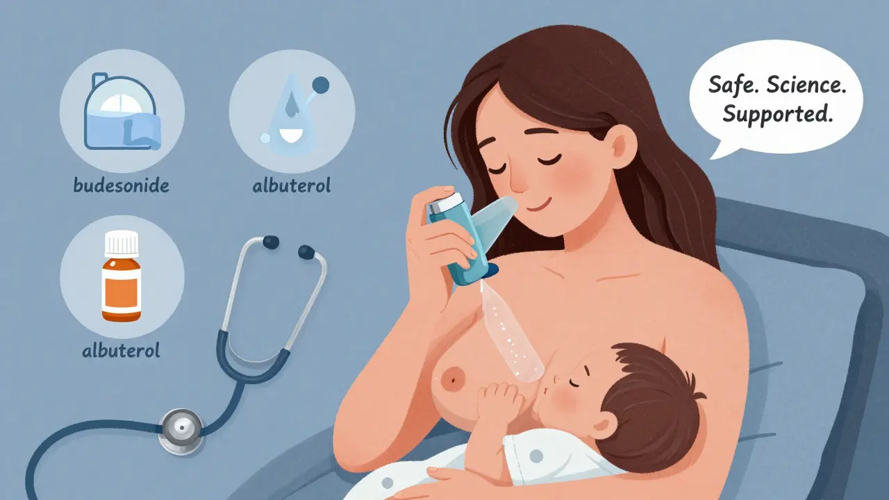 Mother using inhaler while breastfeeding, with microscopic view showing minimal medication transfer to breast milk.