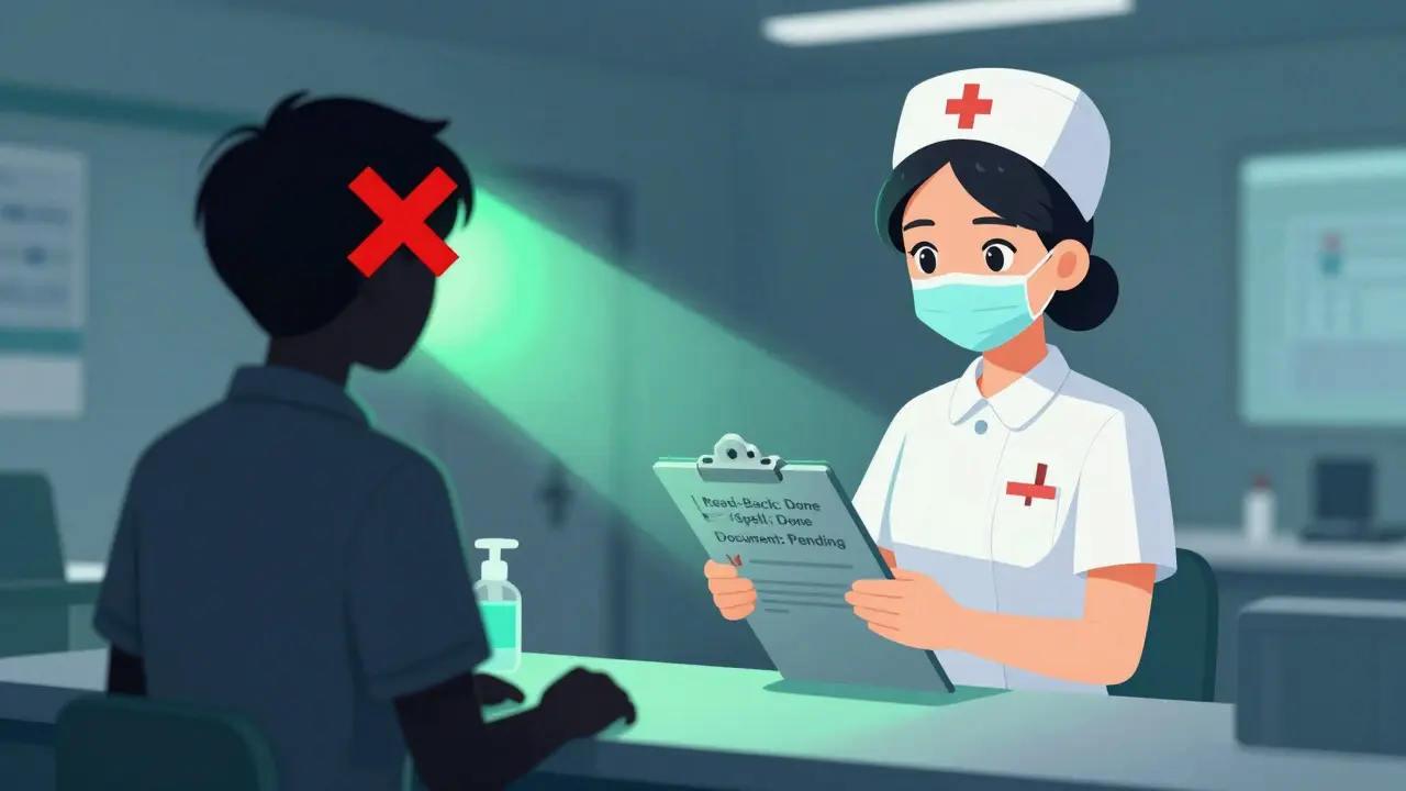 Nurse following safety checklist while another staff member ignores protocol in a hospital setting.