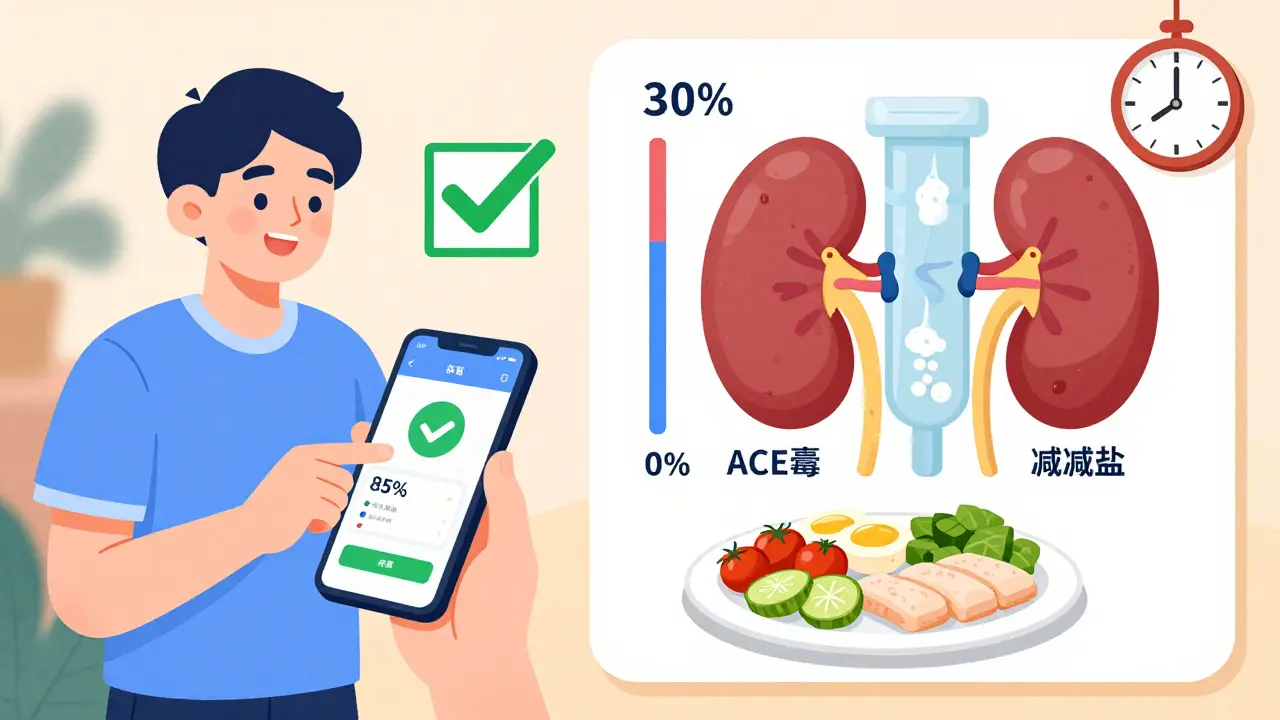 Patient using smartphone app to monitor urine foam, with healing kidney and lifestyle changes shown in background.