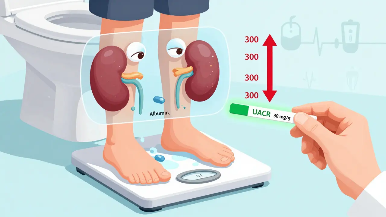 Person with swelling and puffy eyes, showing protein leakage into urine with UACR test strip indicating 30 mg/g threshold.
