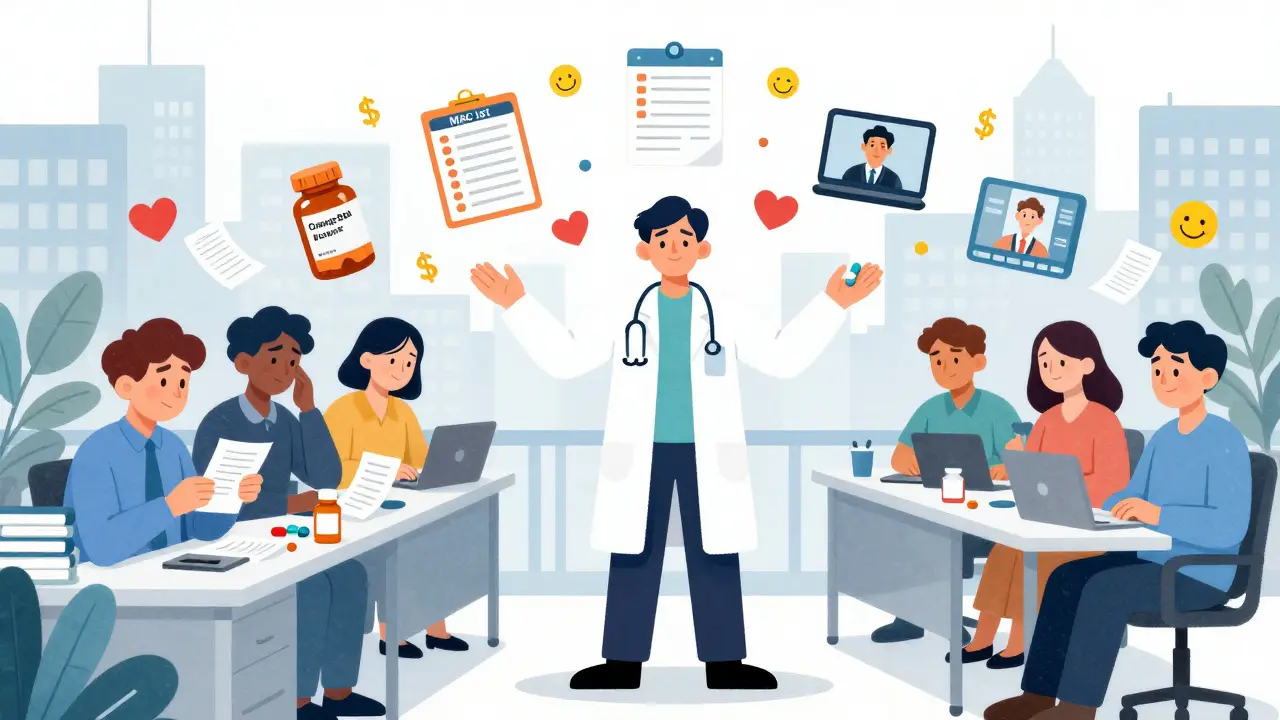 Pharmacist connects stressed employees with affordable, effective generic medications in a workplace setting.