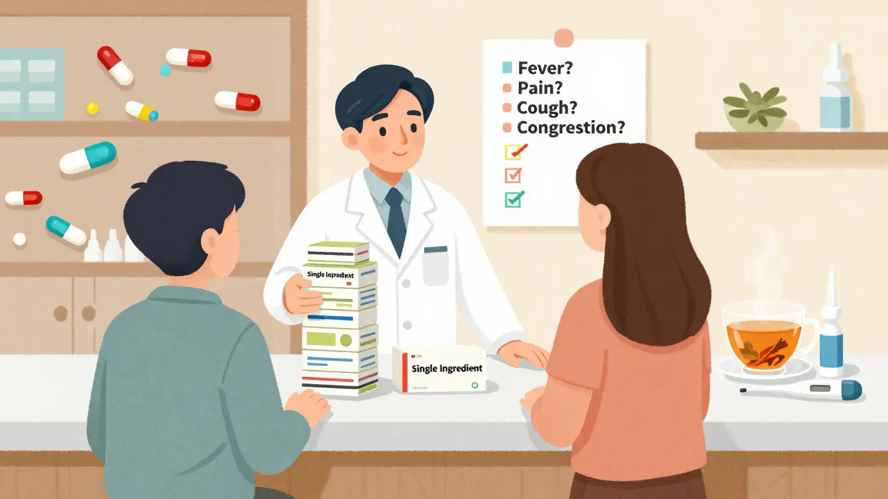 Pharmacist guiding a customer from chaotic medicine stack to a single-ingredient remedy with a simple checklist.