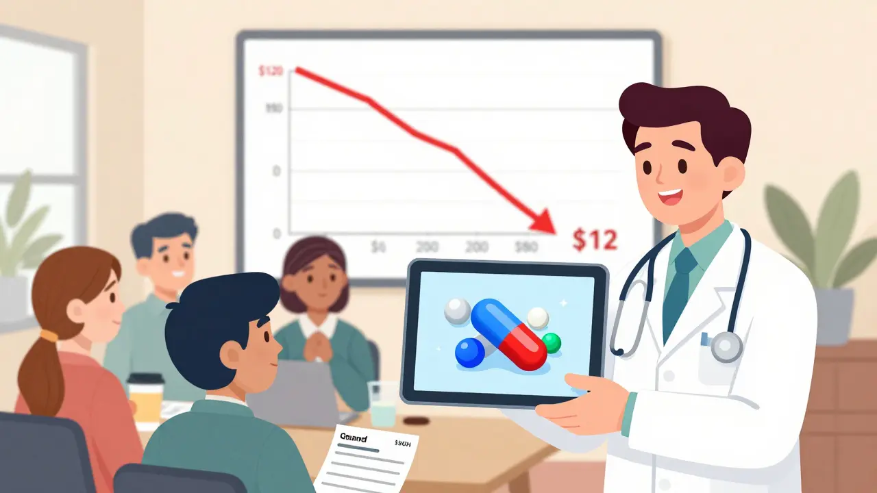 Pharmacist shows employees how generic and brand drugs have identical molecules using a tablet display.