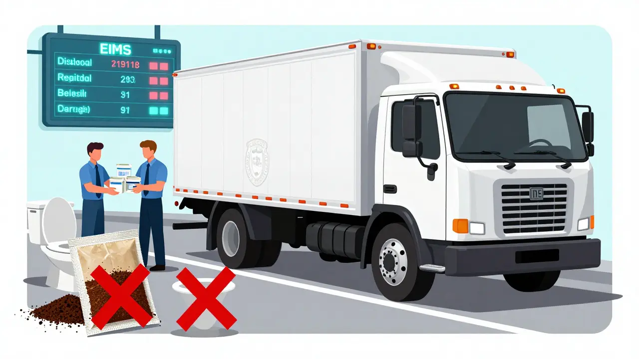 Reverse distributor truck collecting expired Schedule II drugs, with banned disposal methods crossed out.