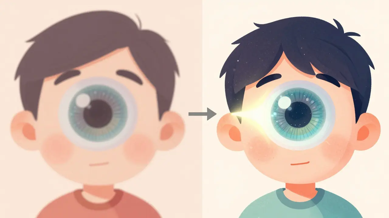 Side-by-side view: cloudy cataract vision vs. clear post-surgery vision, showing how floaters become visible after lens replacement.