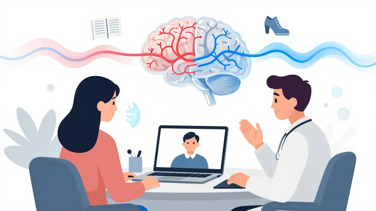 Therapist and patient in video call with brain pathways shifting from chaotic to calm during CBT therapy.