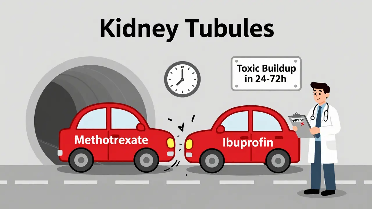 Two drugs stuck in a kidney tunnel, with a clock ticking toward toxic buildup.