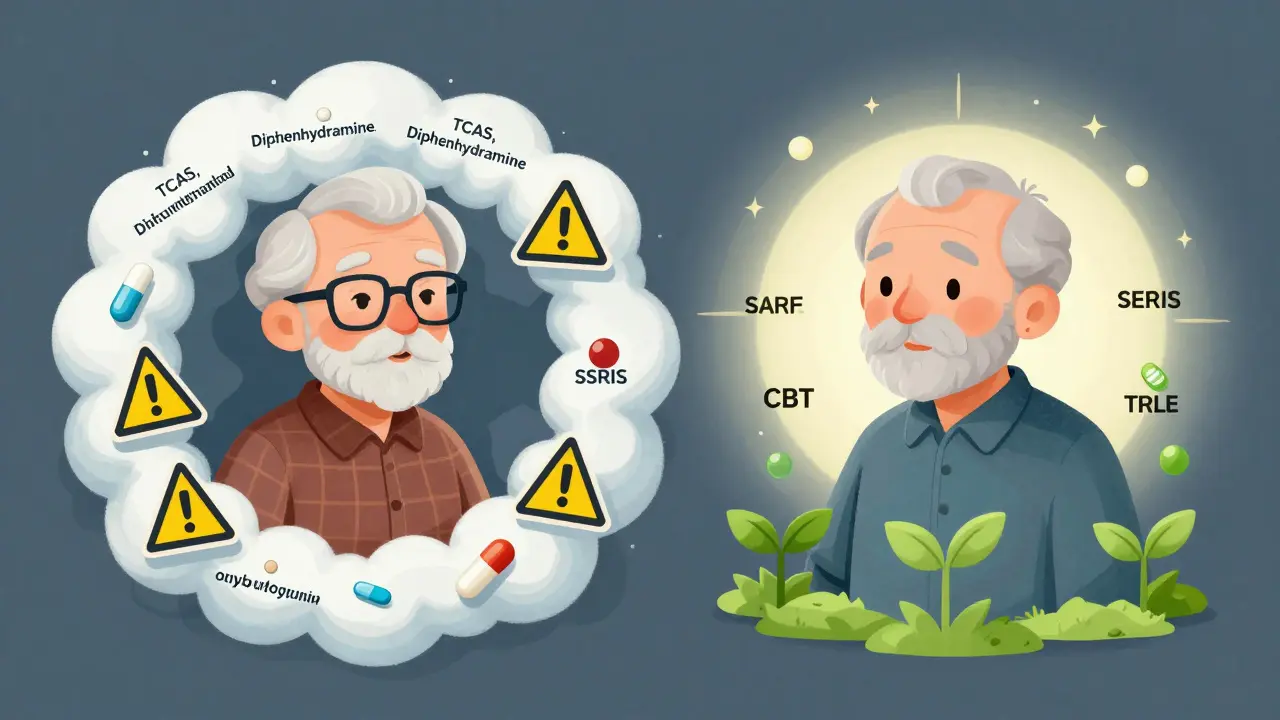 Two elderly patients side by side: one surrounded by dangerous meds, the other transitioning to safer alternatives.