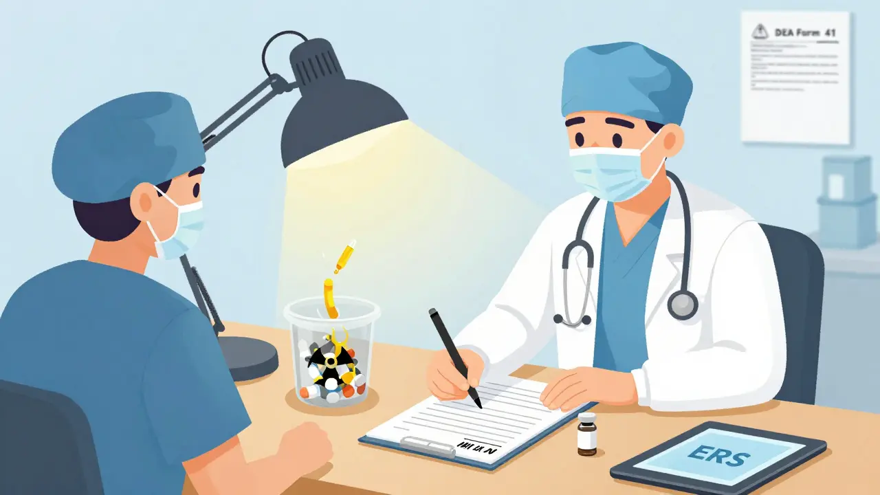 Two staff members documenting the destruction of expired medication with signed logs.