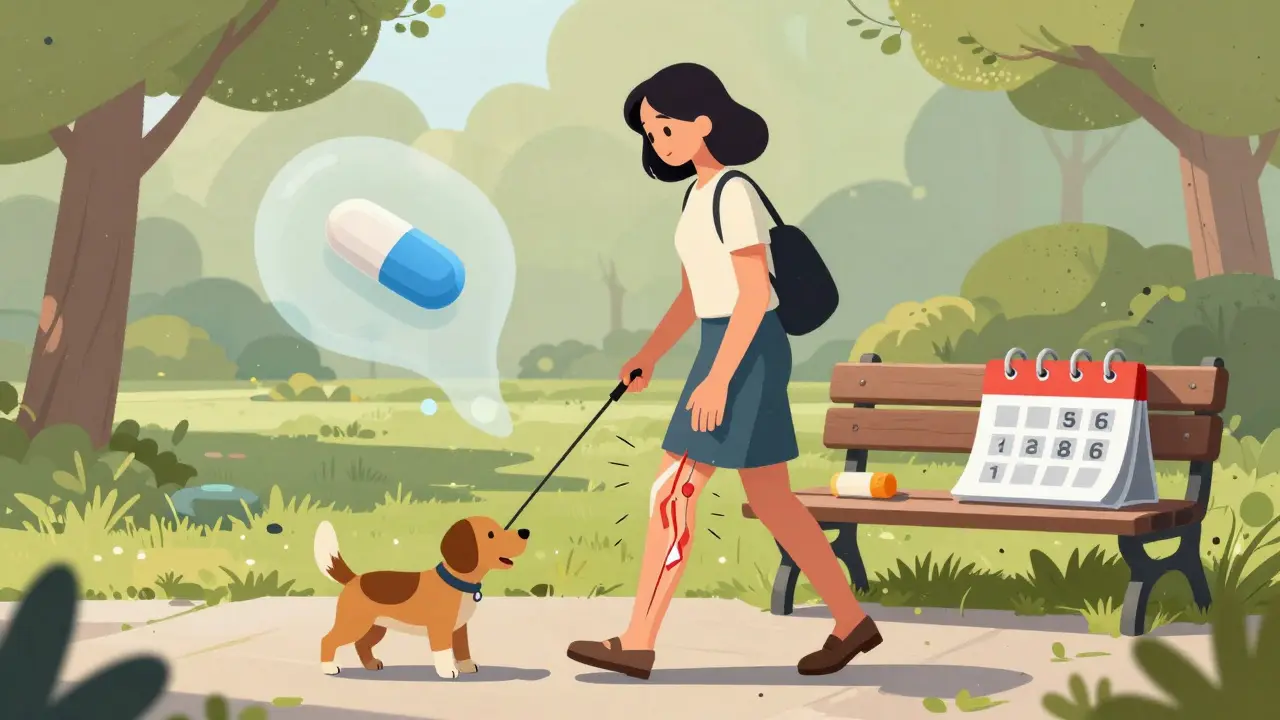 Woman clutching her leg as her Achilles tendon ruptures while walking her dog, a ghostly pill floats behind her.