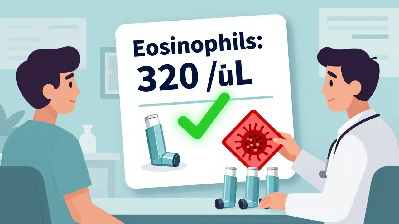 A doctor and patient reviewing a blood test showing high eosinophils, with a green checkmark over a single inhaler and a warning sign over multiple inhalers.