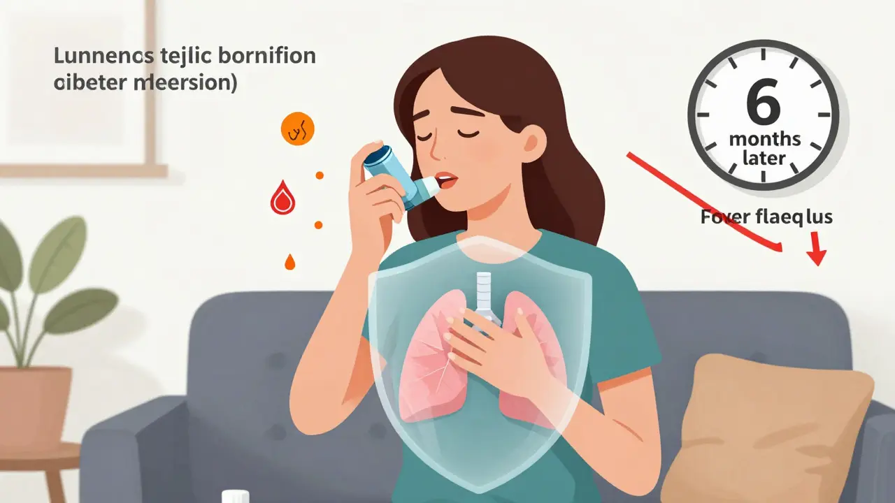 A woman using her inhaler as a protective shield forms around her lungs, with illness symbols falling away, symbolizing reduced flare-ups over time.