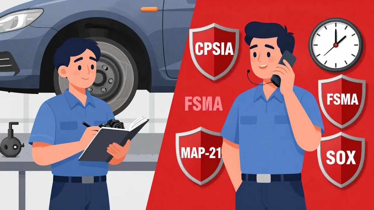 A worker documents a faulty brake part while legal protections surround them, with a countdown clock for the 180-day reporting deadline.