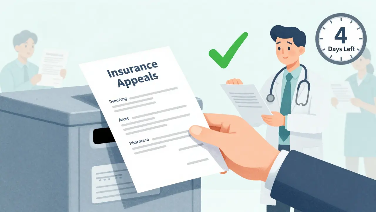 Appeal packet being submitted with doctor’s letter and lab records, green checkmark appearing.