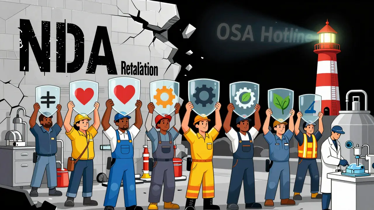 Diverse workers form a protective wall against retaliation, holding shields labeled with whistleblower laws, as an OSHA hotline glows in the distance.