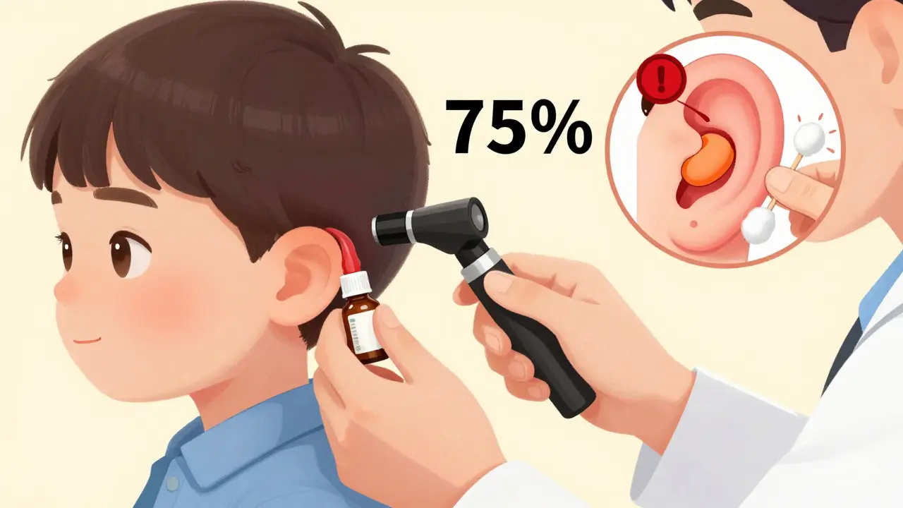 Doctor examining child's ear with otoscope while parent holds earplug and drops, cotton swab discarded nearby.