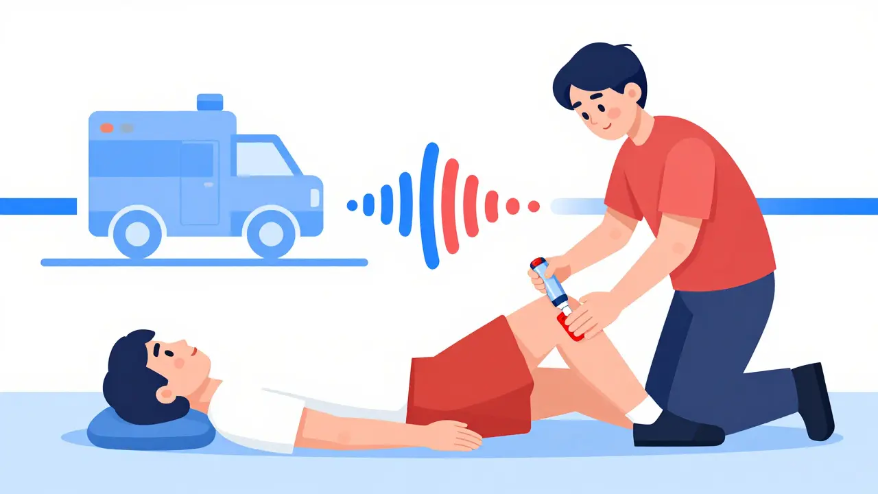 Figure using injector on thigh while another lies flat with legs elevated.