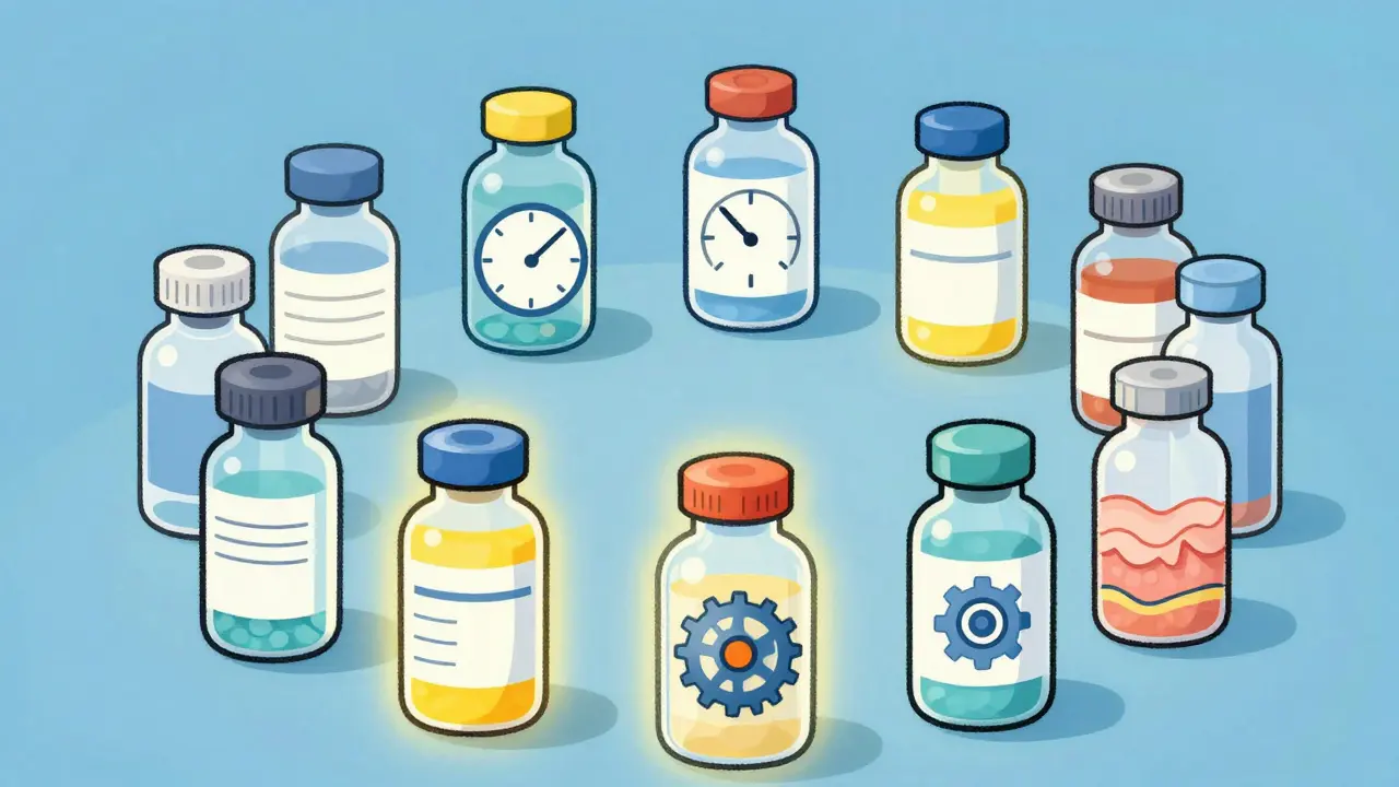 Medicine bottles surrounded by clocks representing fast and slow reaction timelines.