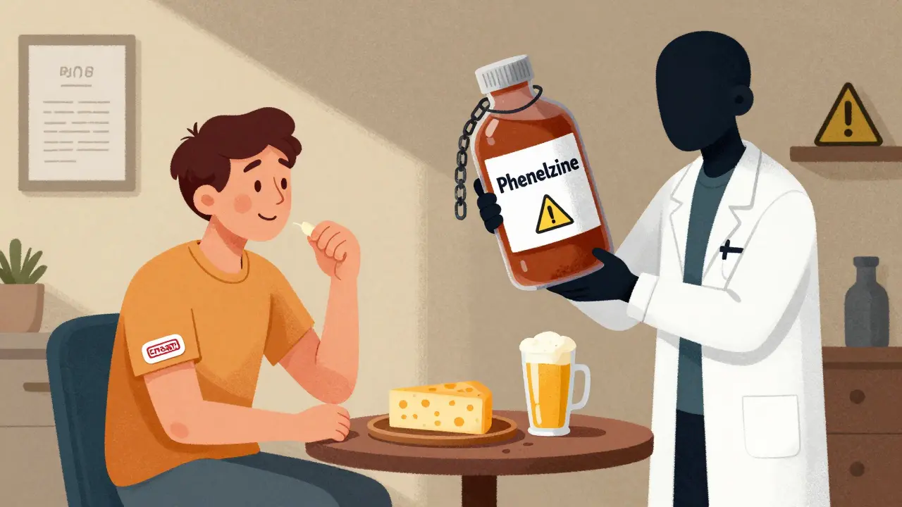 Patient smiling while using Emsam patch and enjoying food, contrasted with shadowy traditional MAOI medications in background.