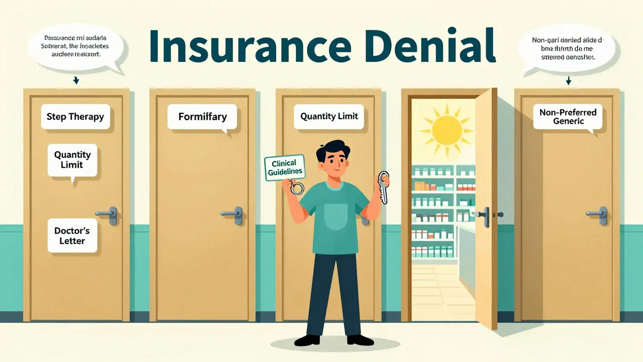 Patient unlocking insurance denial wall with keys labeled 'Clinical Guidelines' and 'Doctor’s Letter'.