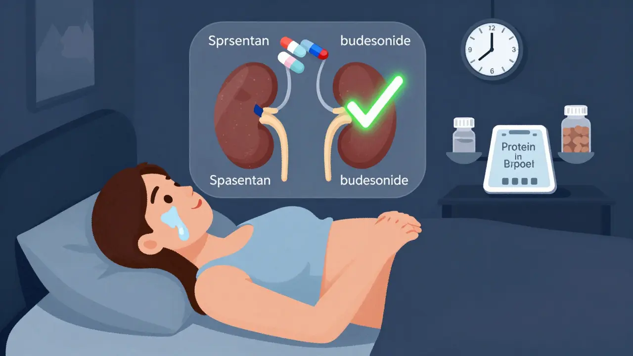 Person at night with fluid swelling and molecular drug pathways improving kidney function above.