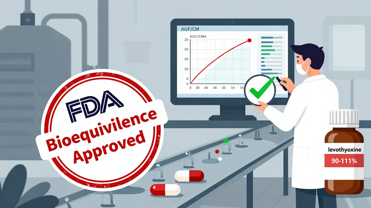 Pill production line with FDA approval stamp and bioequivalence data on tablet