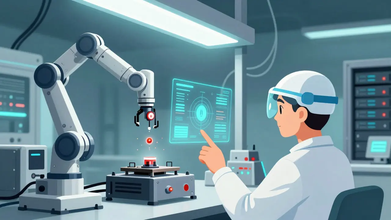 Scientist checking automated robot assembly with magnifying glass.