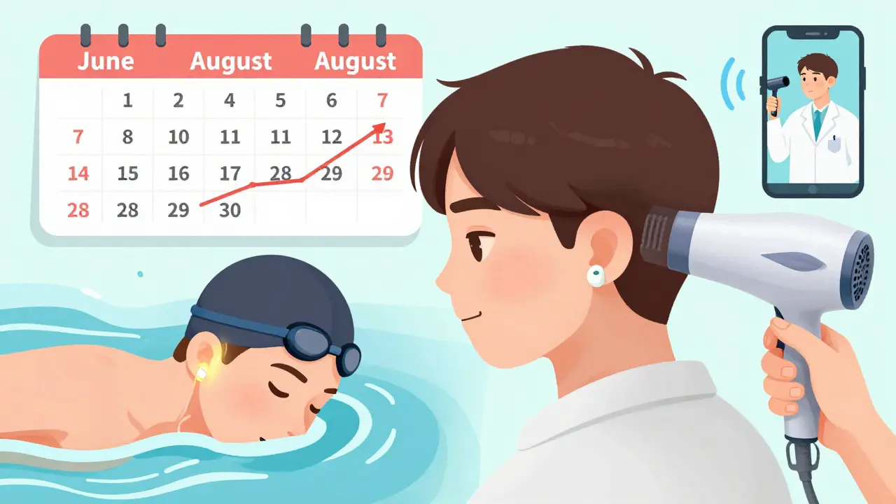 Split scene: hydrogel ear wick releasing antibiotics and person drying ear with hairdryer, smartphone otoscope transmitting image.