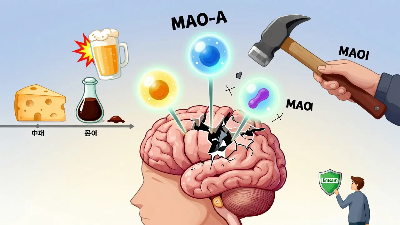 Surreal brain landscape with shattered enzyme and glowing neurotransmitters, surrounded by dangerous foods, with Emsam patch as protective symbol.