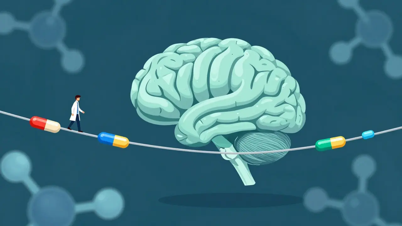 Tightrope walker balancing on pill line near brain