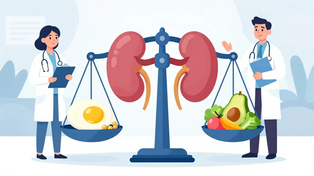 A balance scale showing the equilibrium between protein restriction and essential calories for renal health.